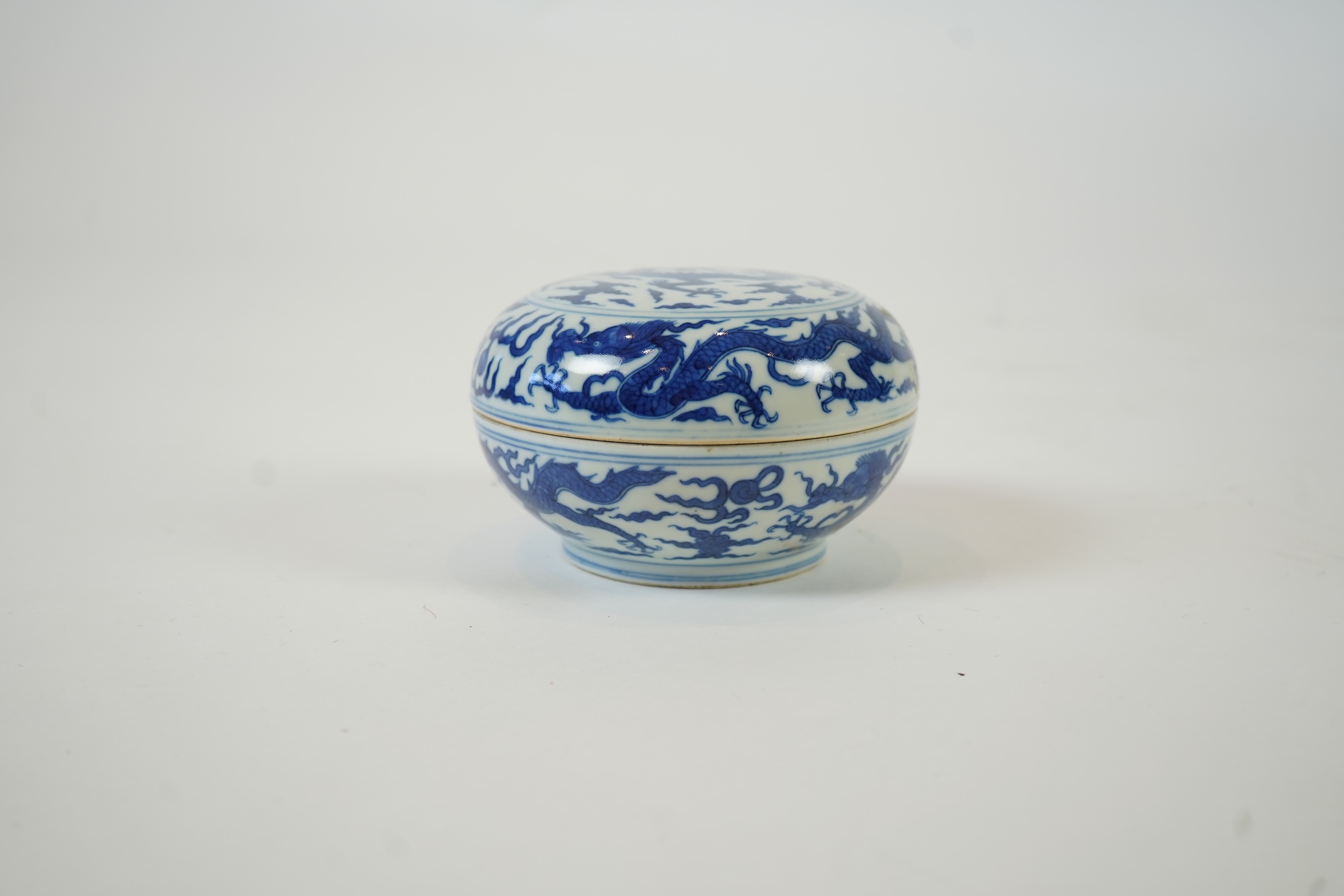 A Chinese blue and white ‘dragon’ box and cover, Jiajing six character mark, 19th century